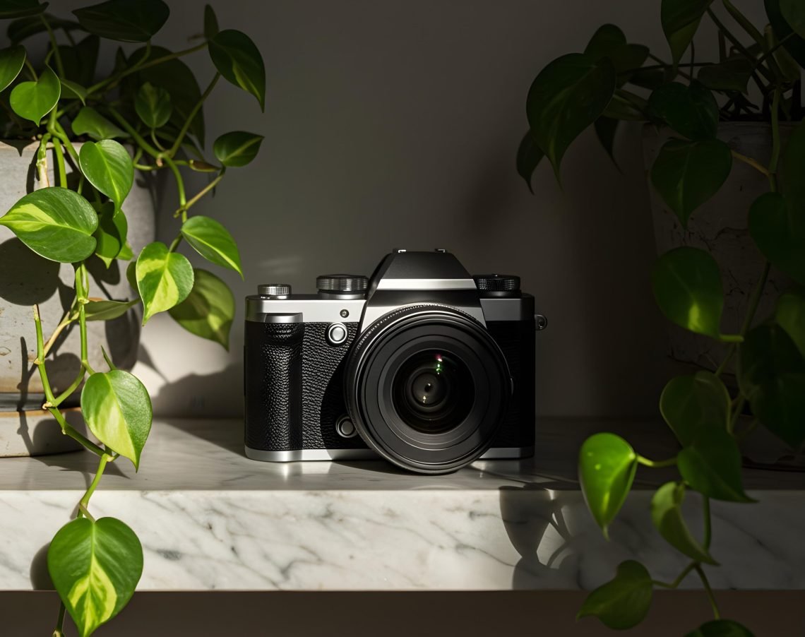 modern-digital-camera-marble-shelf-with-plants
